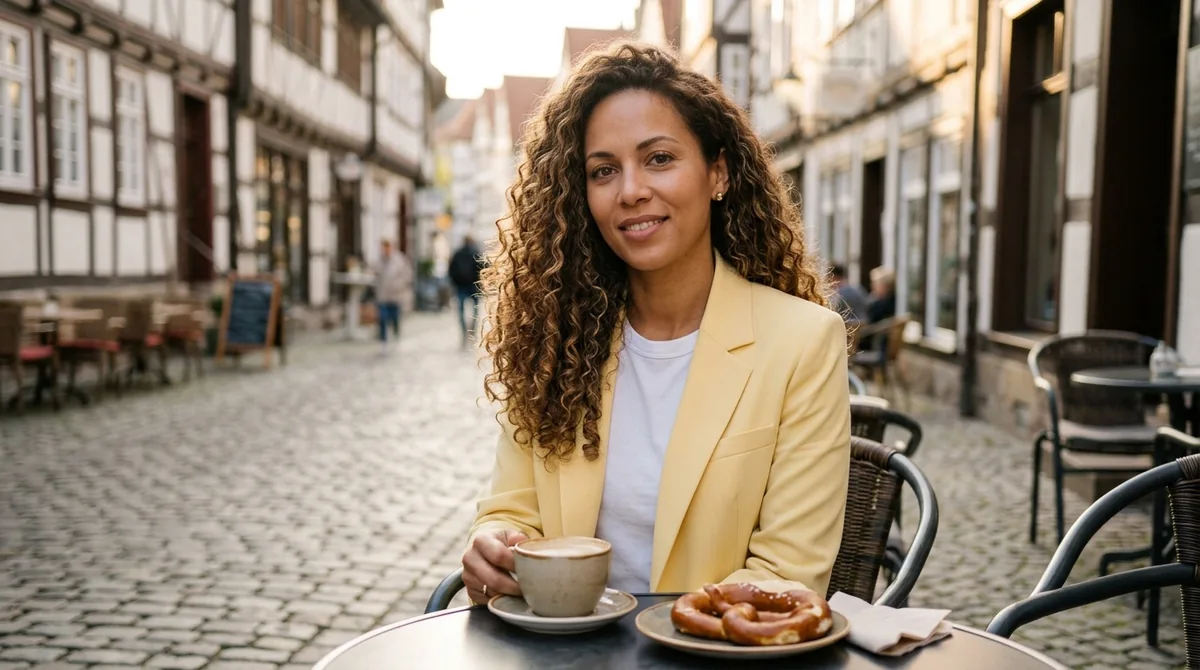 Avatar de Alemán en Acción en una terraza de casco antiguo alemán con un café y un pretzel
