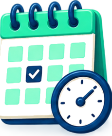 Calendario con una fecha marcada junto a un reloj